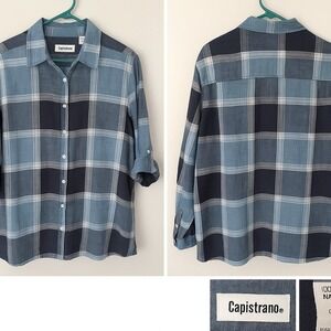 Capistrano‎ Women 2X Blue Plaid Cotton Button Down Shirt Cottagecore Preppy
